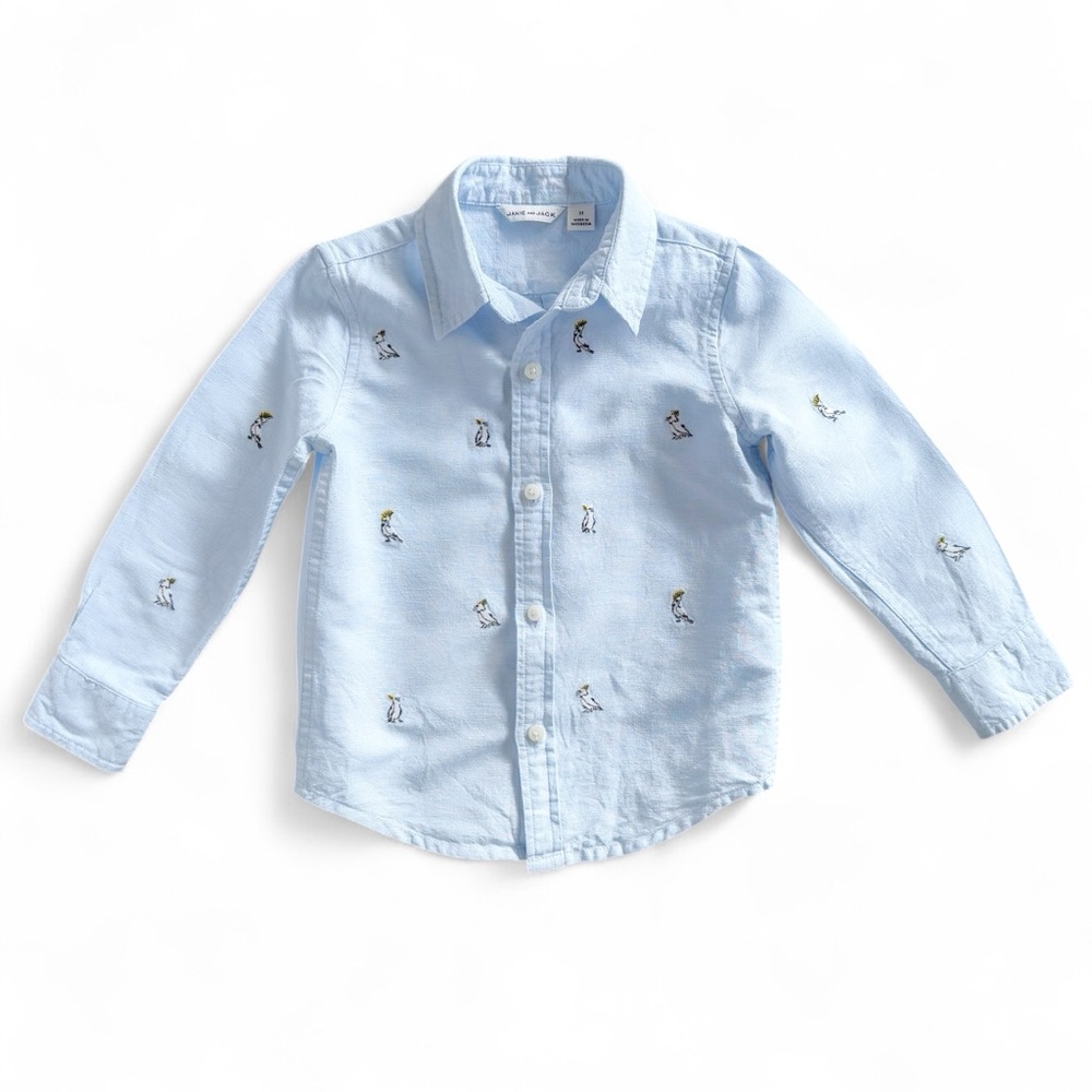 Janie and Jack Boys 2T Bird Button Down Shirt Light Blue Embroidered Linen Blend - Picture 2 of 9